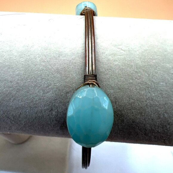 Handcrafted Larimar Gemstone Copper Wire Bangle Bracelet.  A95 - Picture 1 of 9